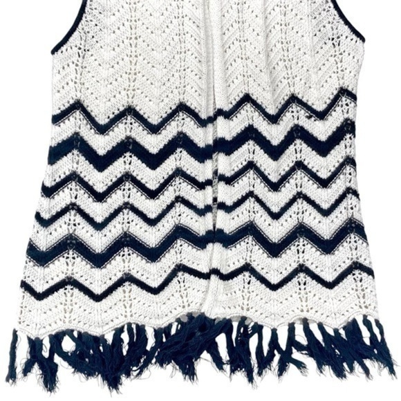 Chico's Open Front Cardigan Vest Women 1 Black White Knit Crochet Tassel Sweater - Picture 3 of 11